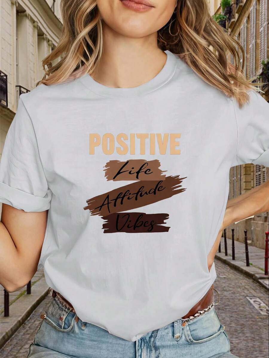 Women's Y2K Style T-Shirt With Geometric Print And Logo, High Quality Wholesale Designer Style, With The Phrase "Positive Lifestyle Vibe, Brown Lettering" - Slim Fit, Short Sleeve, Casual Summer T-Shirt In Black And Gold, Machine Washable Stretch Fabric (Wrinkle-Resistant), New 2026 Collection - 100% Breathable Cotton - 白色 - 查看 1