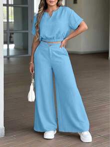 Conjunto de 2 piezas de mujer de unicolor elegante con cremallera y botones, adecuado para uso diario y vacaciones, primavera/verano - azul cielo - Ver 4