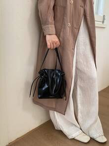1个女士纯色PU抽绳水桶单肩包，时尚斜挎包，适合通勤、购物、送礼 - 黑色 - 查看 6