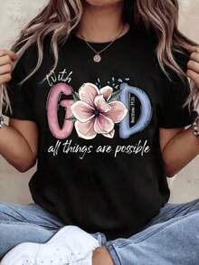 Women Round Neck T Shirt With God All Things Are Possible Floral Print Short Sleeve Christian Faith Inspired Casual Wear For Daily Outings And Religious Eventsblusas para mujer,blusas casuales para dama,tops,, mujer premium,y2k,playeras de mujer curvy,ofertas y liquidaciones ropa mujer,playeras deportivas para mujer,,playeras de hombre, mujer,blusas>elegante HE62 - Negro - Ver 1