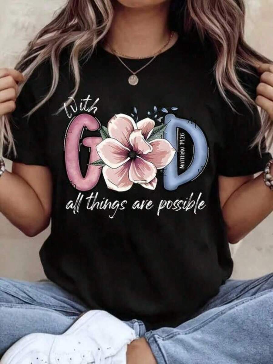 Women Round Neck T Shirt With God All Things Are Possible Floral Print Short Sleeve Christian Faith Inspired Casual Wear For Daily Outings And Religious Eventsblusas para mujer,blusas casuales para dama,tops,, mujer premium,y2k,playeras de mujer curvy,ofertas y liquidaciones ropa mujer,playeras deportivas para mujer,,playeras de hombre, mujer,blusas>elegante HE62 - Negro - Ver 1
