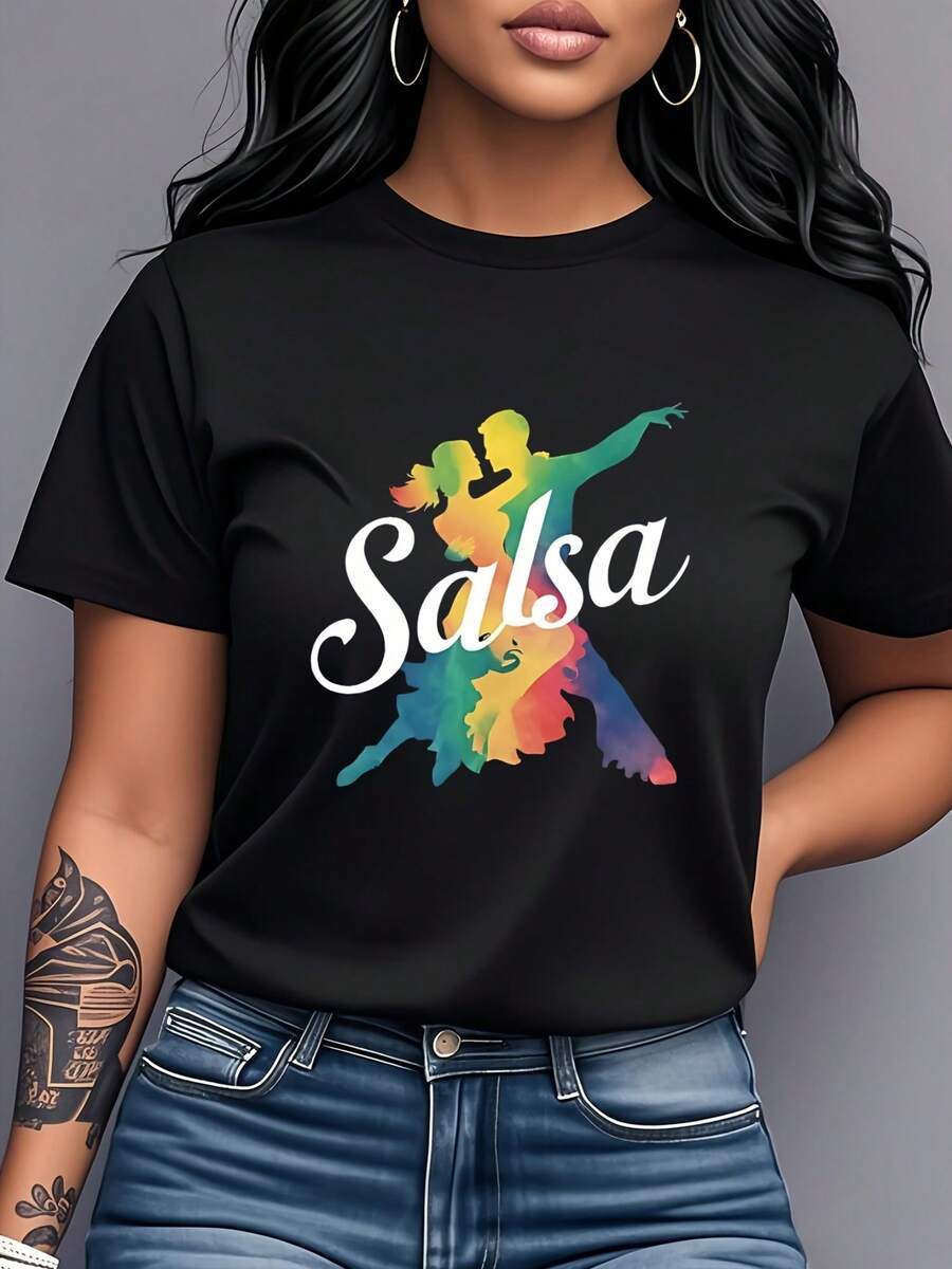 Camiseta con estampado de Salsa Arcoíris, de manga corta y cuello redondo, ropa de mujer, moderna, a la moda, versátil, adecuada para uso diario casual, fiestas, reuniones, práctica de baile, fitness, deportes y como regalo. Camiseta de mujer de algodón puro con estampado. - Negro - Ver 1