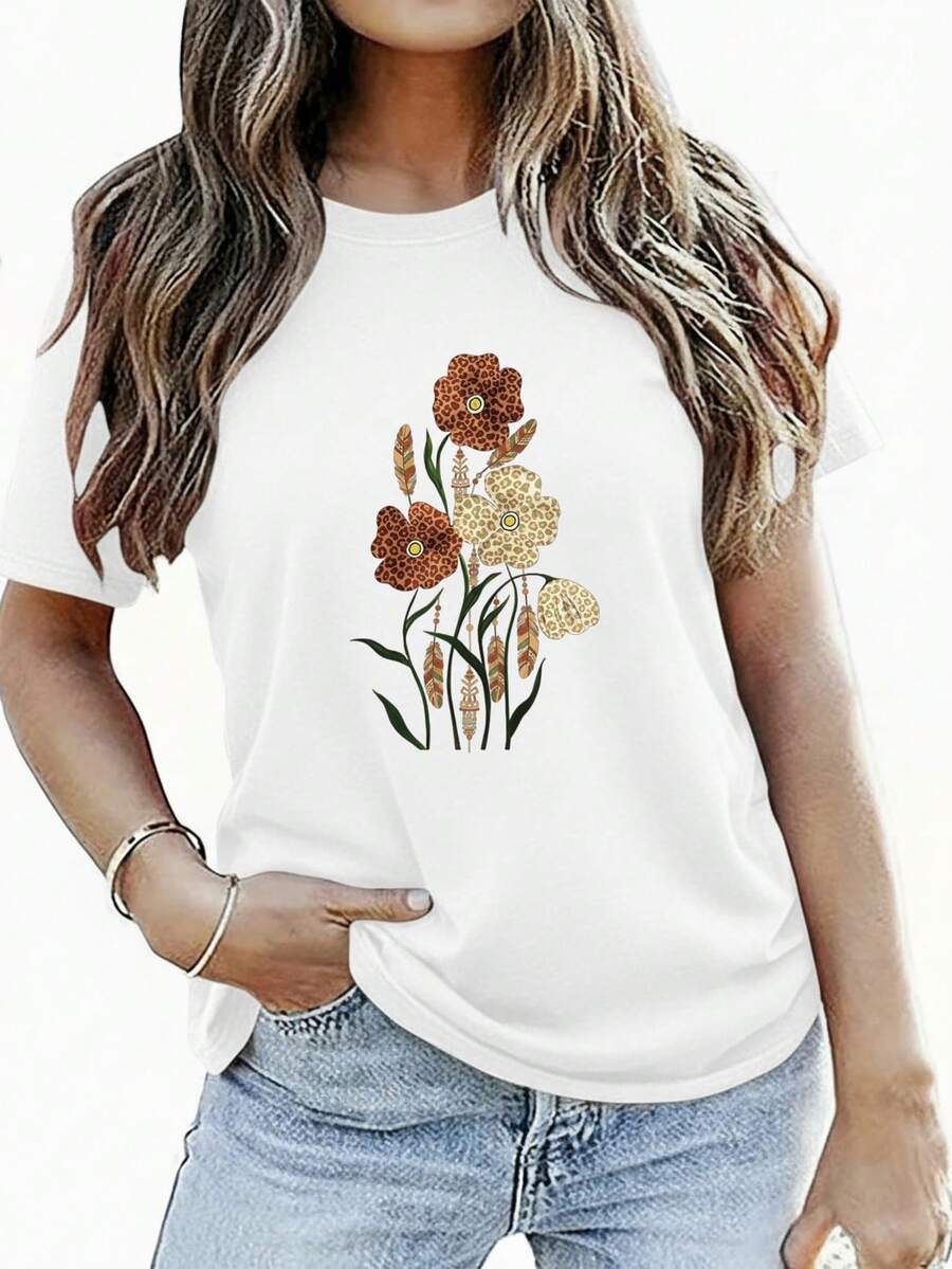 Women's T-Shirts, Women's Summer Clothes, Women's Fashion Clothes, Birthday Parties, Holiday Themes, Daily Travel, Leisure, Leopard Print With Flowers And Yellow Centers - 白色 - 查看 1