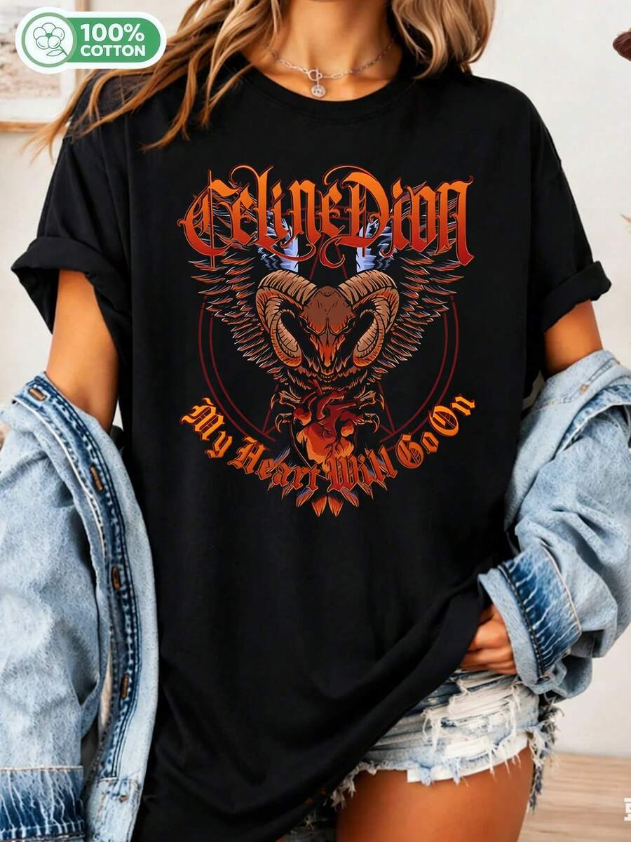 Unisex 100% Cotton T-Shirt With CCeline Dion Metal Skull Design, Dark Humor For Rock Fans - Black - View 1