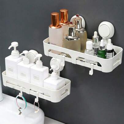 1 chiếc kệ đựng đồ nhà tắm có giác hút, hộp đựng đồ đa năng gắn tường, kệ đựng đồ trang điểm không cần khoan, kệ đa năng cho nhà tắm/nhà bếp có móc treo và thiết kế thoát nước.