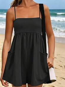 Women Casual Romper Sleeveless Square Neck Playsuit Loose Fit Wide Leg Short Jumpsuit Lightweight Breathable Lounge Outfit Beach Vacation Style Pocket Design Summer Travel Outfit For Women - 軍綠色 - 查看 3