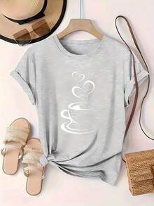 New Plus Size Women's T-Shirt, Short Sleeve Printed Top For Spring, Summer And Autumn, Women's Clothing, Casual Round Neck Top, Polyester Fiber Material - 白色 - 查看 1