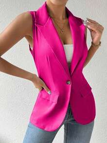 Blazer sin mangas de estilo elegante de color verde oliva para mujer, chaleco casual con solapa y botón en tela tejida lisa, corte regular - Rosa Fucsia - Ver 4