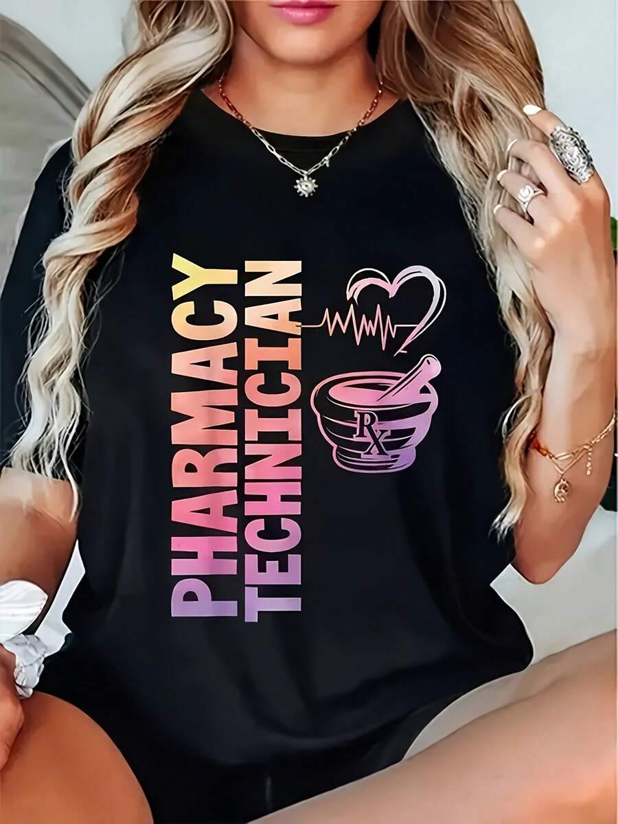 Camiseta con Estampado Gráfico de Técnico Farmacéutico - Camiseta Casual de Manga Corta y Cuello Redondo para Mujer con Símbolos, Diseño en Negro y Multicolor, Transpirable y Lavable a Máquina, Camiseta de Verano y Primavera, Regalos con Temática Farmacéutica, Camiseta Y2k - Blanco - Ver 1