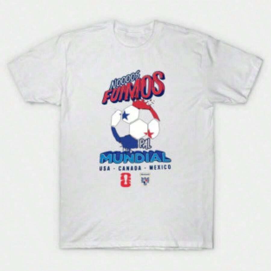 1 pieza Camiseta de fútbol mundial de Panamá 2026, con estampado gráfico, manga corta, ligera, cuello redondo, de algodón - Blanco - Ver 1