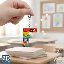 1pc 2D Flat Acrylic Alphabet Keychain, Rainbow Letter Key Ring With School Theme Decor, Personalized Initial Bag Charm, - Multicolor - View 11