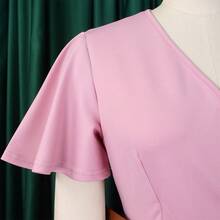 Vestido informal de línea A para mujer, nueva colección verano estilo europeo-americano, cuello en V y mangas abullonadas - Rosa + Cinturón - Ver 4