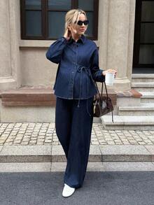 Conjunto de dos piezas de top de manga larga de unicolor simple y jeans para maternidad, uso casual diario para primavera, Navidad, Año Nuevo, Acción de Gracias, ir a trabajar, vacaciones, graduación, estilo chic Y2K, ropa de calle linda, fiesta, boda, elegante y casual para mujer - Azul - Ver 7