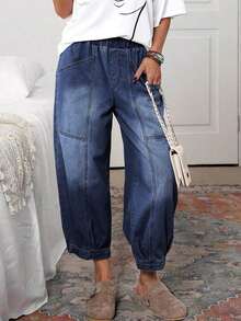 Pantalones vaqueros casuales de mujer con cintura con cordón y lavado vintage, pantalones casuales de mujer, pantalones de verano de mujer con cintura elástica, pantalones de mujer con bolsillos, pantalones caqui de mujer - Azul lavado oscuro - Ver 1