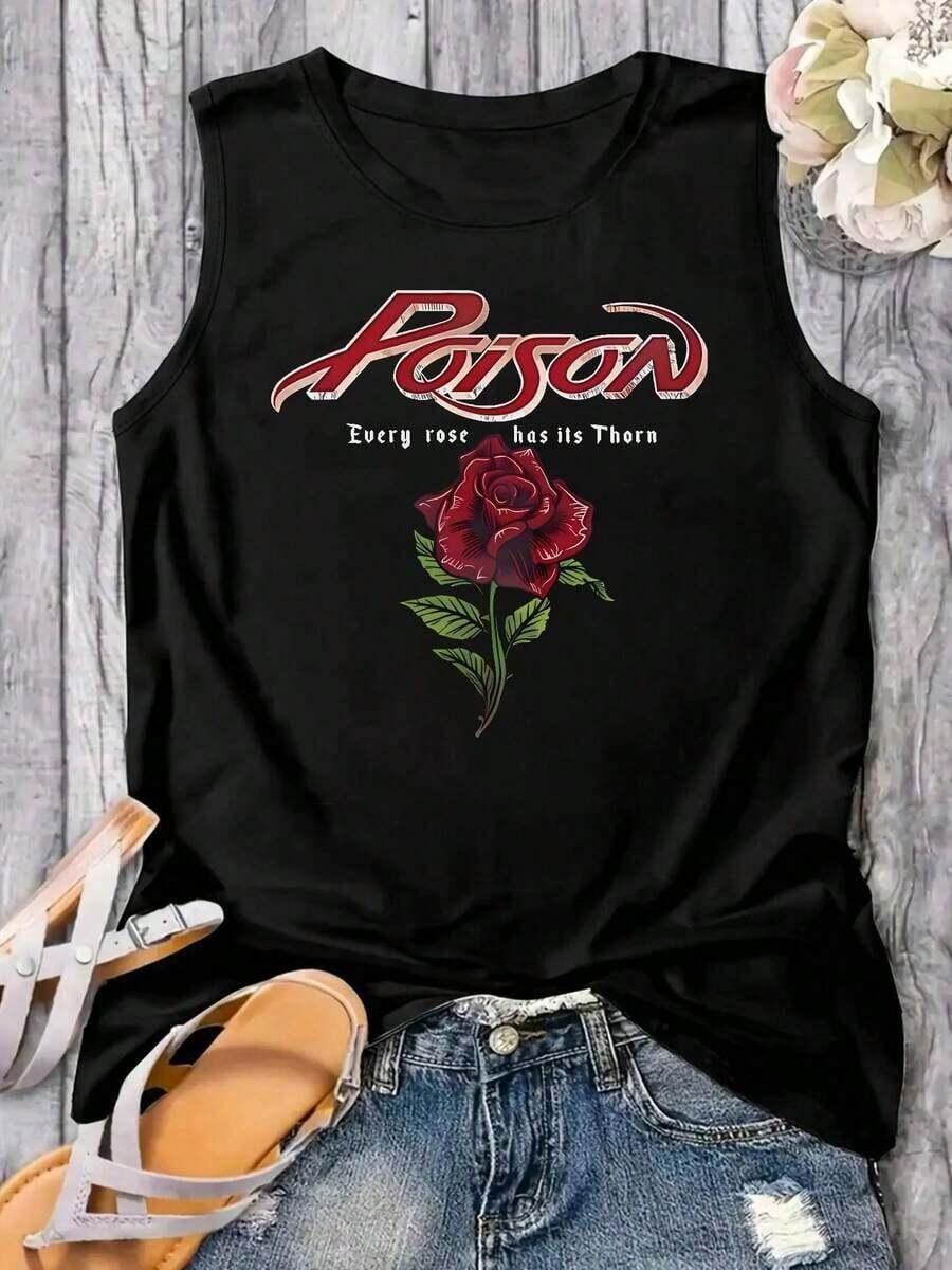 1 pieza de camiseta sin mangas Poison con diseño de rosas y cada rosa tiene su espina, camiseta sin mangas para mujer, suave y transpirable, perfecta para uso diario, actividades al aire libre, viajes y estilo casual, ajuste cómodo para todo el día. 180g 100% algodón, los diseños están completamente impresos. Unisexo. - Negro - Ver 1