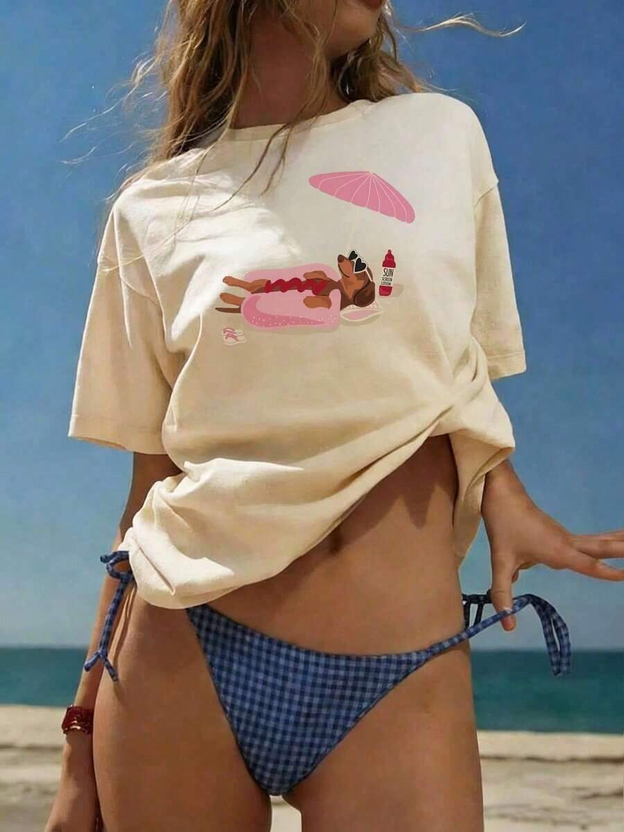 1 pieza Tops casuales de verano, básico holgado manga corta elástico, 2026 para diario, ligero - Albaricoque - Ver 1