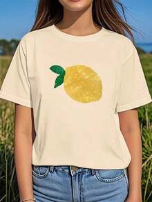 Gift | 100% Pure Cotton And Breathable | 1pc Fashionable Women's Round Neck Short Sleeve T-Shirt With [Lemon] Print, Comfortable And Stylish T-Shirt Suitable For Casual Daily Wear - 杏 - 查看 7