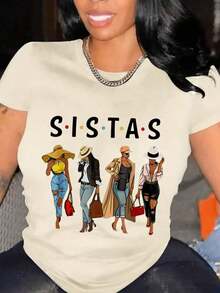 1 pieza de ropa para mujer, "SISTAS" Estilo Amistad, Estampado de Collage Africano para Mujer, Camiseta Casual Estampada 100% Algodón, Camisetas Gráficas para Mujer, Tops, Conjuntos de Verano, Tops para Mujer, Unisex, 180g 100% Algodón, Todos los diseños están estampados. Unisexo. - Blanco - Ver 7