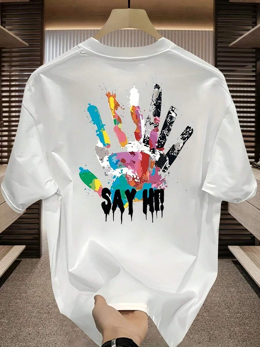 Men's Graphic T-Shirt - Back Print With Colorful Handprint And The Phrase "SAY HELLO!" Lightweight And Breathable Polyester T-Shirt For Summer, Gym, Casual Daily Wear - Regular Fit Crew Neck T-Shirt, Gym Wear, Breathable Fabric, Outdoor Activities, Y2k Design, Soft Texture, Short Sleeve T-Shirt, Summer Wardrobe. - 白色 - 查看 1