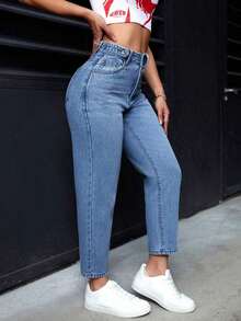 PETITE Pantalones vaqueros informales de mujer con bolsillos de forma cónica y multiusos - Azul lavado medio 2 - Ver 2