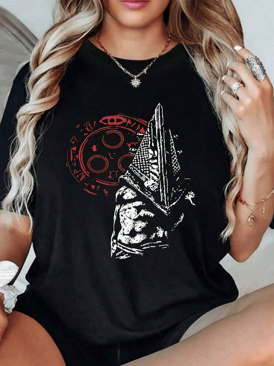 UniSilent Hill Women's Vintage Urban Style T-Shirt, 1 Unit, 220 Grams, Women's Casual Gothic T-Shirt With Round Neck And Pyramid Head Print Design, 100% Cotton T-Shirt With Digital Print, 100% Breathable Cotton - 黑色 - 查看 1