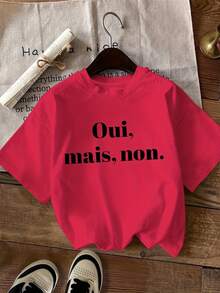 Talla Grande, Camiseta con Estampado de Letras, Manga Corta, Cuello Redondo, Top Casual, Ropa de Mujer - Rojo - Ver 1