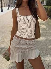 Top de punto con estampado de lunares blancos en estilo , blusa sin mangas adecuada para la playa, el trayecto y el uso casual de verano - Albaricoque - Ver 4