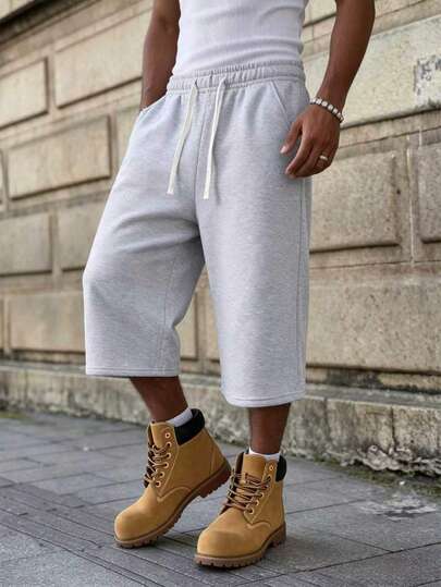 Men's Casual Loose Fit Drawstring Pants With Side Pockets, 3/4 Length, Suitable For Men's Fitness & Running, Pure Black Polyester, Versatile For All Seasons Summer Sports