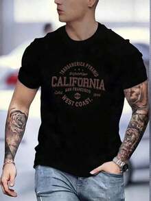 New Men's Short Sleeve Crew Neck T-Shirt, Summer 2026, Printed, Casual, Sporty, Men's Summer Clothing Top. - 黑色 - 查看 1