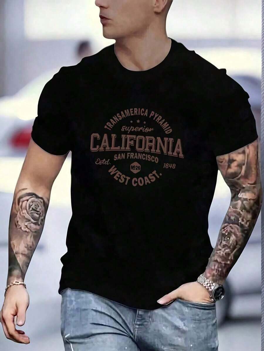 New Men's Short Sleeve Crew Neck T-Shirt, Summer 2026, Printed, Casual, Sporty, Men's Summer Clothing Top. - 黑色 - 查看 1
