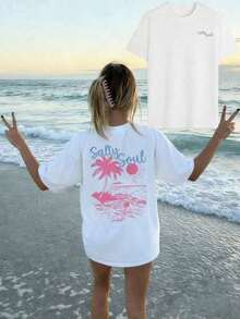 1 pieza Camiseta de Verano 2026 SALTY SOUL para Mujer, Nueva Colección Primavera/Verano, Estampado de Cocotero y Sol, Camiseta Casual de Manga Corta con Cuello Redondo, Versátil y a la Moda, Prenda Esencial para Uso Diario y Vacaciones. Camiseta Estampada Vacacional para Mujer, Holgada y Cómoda, Tops de Verano, 180g Algodón 100% - Blanco - Ver 12