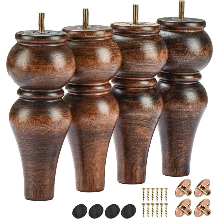 8英吋/20公分木製家具腳 4入組 釉面實木梭形替換腳 附預鑽M8螺栓、安裝板與螺絲 適用於沙發、雙人座沙發、腳凳、櫃子 - 棕色 - 查看 1