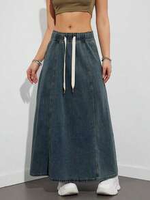 Falda vaquera negra de cintura elástica y corte holgado, falda vaquera casual de longitud media, de moda para primavera/verano - Azul lavado oscuro - Ver 4