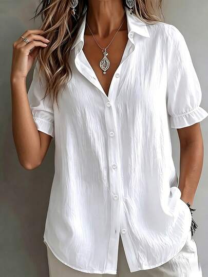 Plus Size White Short Sleeve Shirt With Tie Collar Vacation