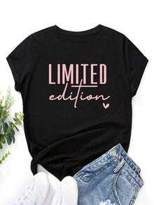 Camiseta sencilla y versátil con estampado de eslogan, camiseta de mujer con estampado de letras, adecuada para primavera y verano, camiseta de algodón puro. - Negro - Ver 6