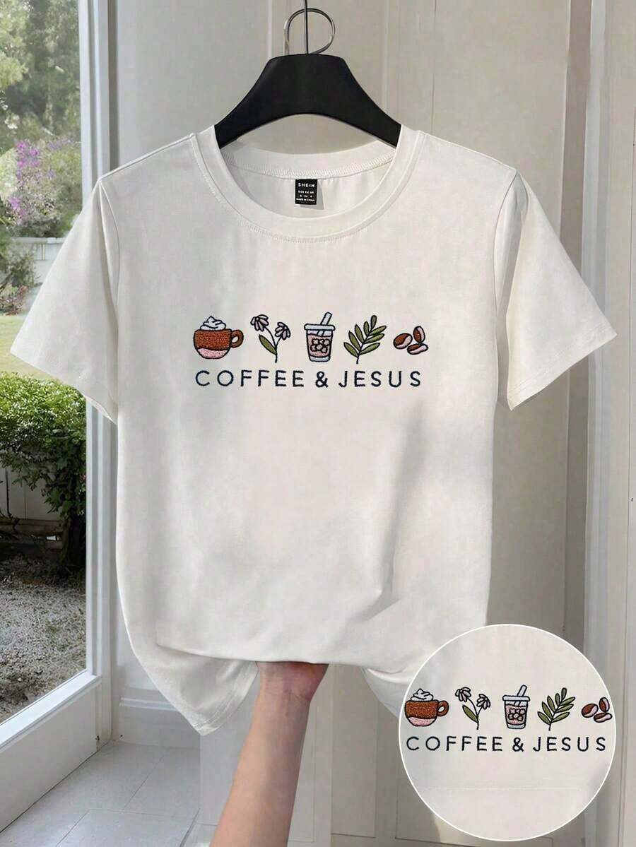 Playera de mujer 100% algodón manga corta con gráfico bordado de estilo café, estilo relajado urbano, cuello redondo, transpirable para verano, modelo versátil - Blanco - Ver 1