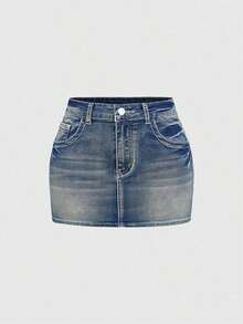 J-Fashion Y2K Style Low Waist Butterfly Embroidered Rhinestone Decor Women Denim Mini Skirt - Azul 2 - Ver 2