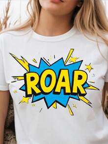 Ladies Short Sleeve T-Shirt - White T-Shirt With Roar Print, Casual Round Neck, Soft Stretch Material, Machine Washable, Fashionable Top All Year Round, Stylish Wear, Graphic Statement T-Shirt, Comfortable, Gift For Celebrations, Bulk Purchase - 白色 - 查看 1