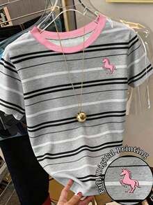 Camiseta de manga corta con cuello redondo y estampado floral diminuto para mujer, de estilo casual de verano - Multicolor 8 - Ver 5
