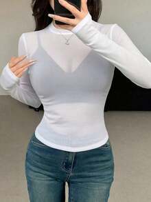 Camiseta de manga corta para mujer de ajuste ceñido, de cuello redondo y unicolor para el verano - Blanco 3 - Ver 3