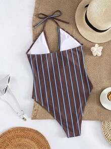 1 pieza Traje de baño elegante de tela a rayas, Ropa de playa de una pieza para vacaciones - Multicolor - Ver 5