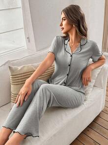 Mono de verano de punto ligero y suelto con volantes, de tela roja, de estilo casual y holgado para mujer - Gris Claro - Ver 7