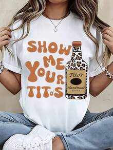 Show Me Your Titos Bottle Leopard Print T Shirt White Casual Short Sleeve Graphic Tee With Tito's Vodka Design - 白色 - 查看 2