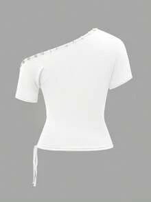 Vaiaye Kaos Wanita Longgar Kasual Leher Bulat Satu Bahu, Kaos Slim Fit dengan Dekorasi Kerang, Atasan Off-Shoulder Musim Semi/Panas Warna Putih - Putih - View 4