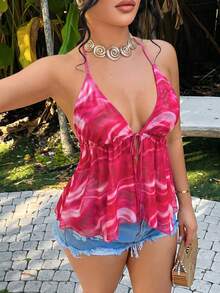 Blusa de cuello halter con espalda descubierta y estampado tie-dye para mujer, blusa de cuello halter sexy y retro de verano estilo Y2K para vacaciones, top corto con atar sexy para verano - Rosa Fucsia - Ver 2