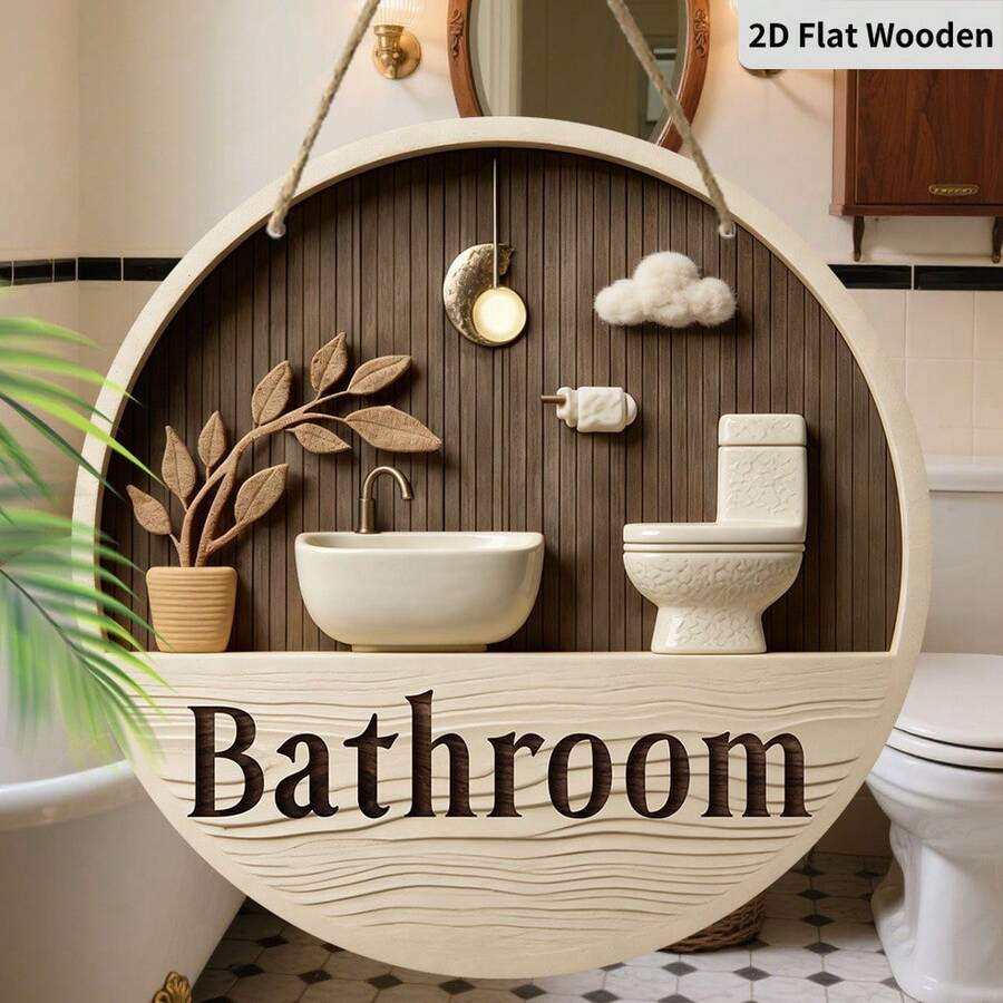 1/3pcs Wooden Bathroom Sign, Wall Mounted, Boho, For Bathroom Restroom Door, Neutral Tone Farmhouse Design, Wall Decor - Wooden Bathroom Ornaments - View 1