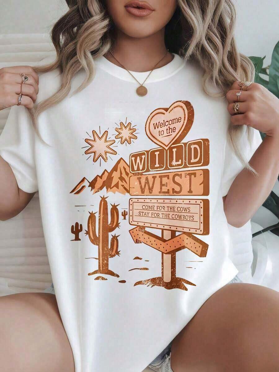 Welcome To The Wild West: Women's Casual T-Shirt With Cowboy, Cactus, And Mountain Print, Suitable For All Seasons
-White - 白色 - 查看 1