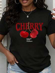 Camiseta de Cuello Redondo para Mujer con Estampado de Cerezas y Texto, Manga Corta para Uso Casual - Negro - Ver 7