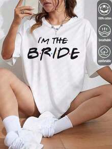1 pieza de camiseta de moda para mujer, primavera/verano, color sólido, manga corta, corte holgado, cuello redondo, 100% algodón, estampada con el patrón "I'M THE BRIDE", ropa casual de primavera/verano para mujer, ropa urbana, ropa de vacaciones, camisetas de invierno para mujer, camisetas oversize para mujer, camisetas estampadas para mujer, camisetas de manga corta para mujer, top de verano, estilo K-Pop, ropa de mujer, ropa de verano para mujer, jersey, ropa de fiesta, sudaderas para mujer, ropa de invierno para mujer, ropa de verano para mujer, ropa curvy para mujer, sudadera oversize para mujer, para amigas, vacaciones, casual, oficina/salón/hogar/deportes al aire libre/estilo retro/sencillo, diseño divertido, tops casuales para todas las estaciones, camisetas de manga corta para parejas en San Valentín, camisetas un Camiseta de manga corta cómoda y versátil. - Blanco - Ver 1