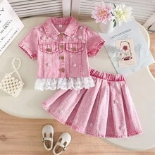 Girls' Pink Denim Lace Trim Short Sleeve Top + Pleated Skirt 2 Pieces Set, Spring/Summer Casual, School, Photo Shoot - Pink - View 7